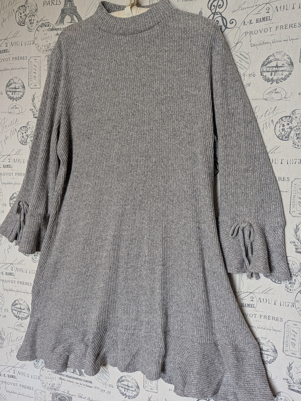 LC Lauren Conrad Gray Ribbed Long Sleeve Sweater Dress w/Flounce Ruffle Hem XL